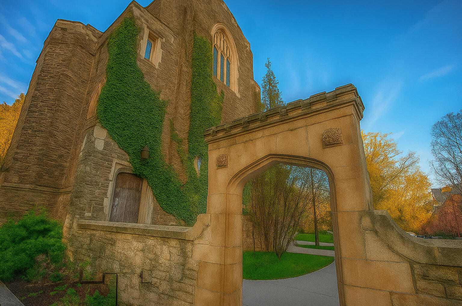 Darkened AI-enhanced image of a McMaster University architectural feature. Background image for MacSRED website, subtly indicating local presence. Shows a recognizable landmark without implying official affiliation. Filtered for professional, muted tones t